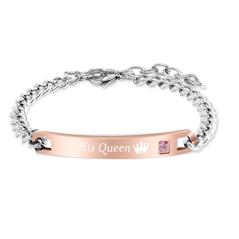 Bracciale alla moda hip-hop in acciaio al titanio per coppie, regalo di San Valentino, corona, cuore, zircone, incisione_voghion.com