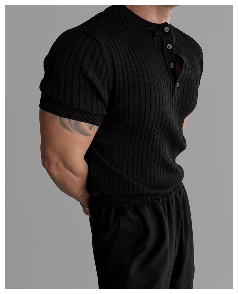 Camiseta masculina de manga curta Old Money Aesthetic, de malha texturizada de luxo, respirável e com caimento solto, com decote em V casual (branco/preto/verde/marrom)_voghion.com