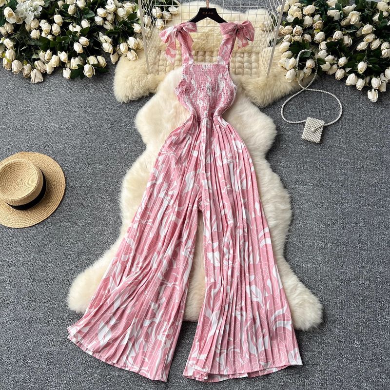 Sommerurlaubs-Jumpsuit für Damen mit elastischen Falten, Taillengürtel, geblümten Hosenträgern, weiten Beinen und langen Hosen_voghion.com