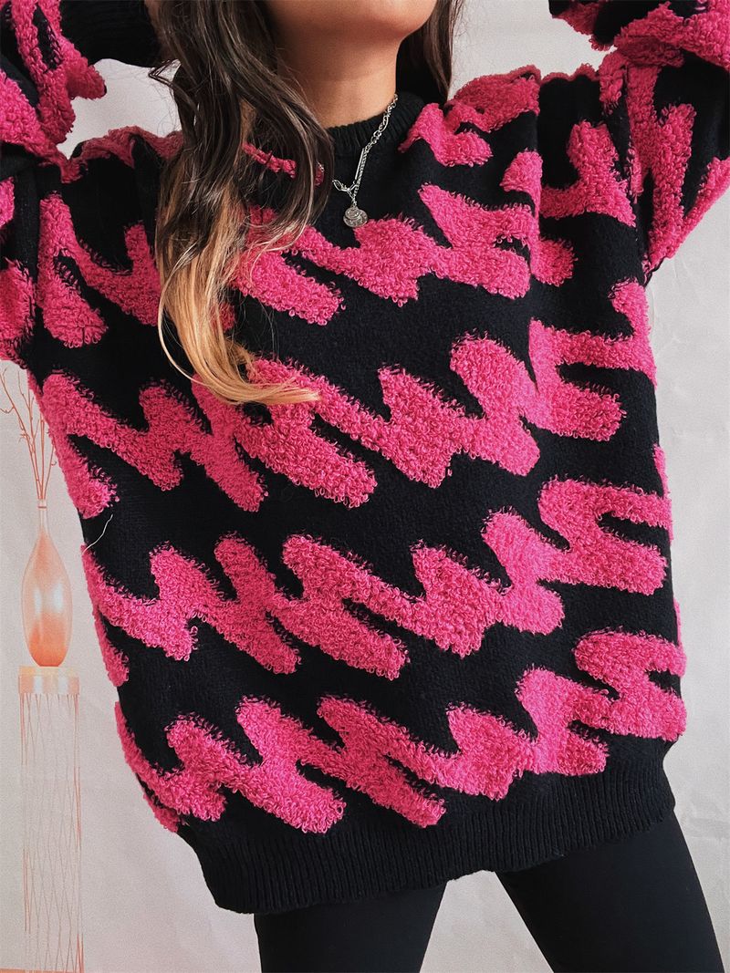 Übergroßer Pullover mit beflockten Streifen – dicker Strick aus Polyester-Mischgewebe mit weichem Rundhalsausschnitt (S-XL, gemütlicher Winterpullover, maschinenwaschbar)_voghion.com