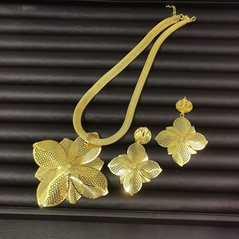 Ντουμπάι Jewelry Γυναικείο Σετ Νυφικό Κρεμαστό Κολιέ και Σκουλαρίκια Μεγάλο Λουλούδι_voghion.com