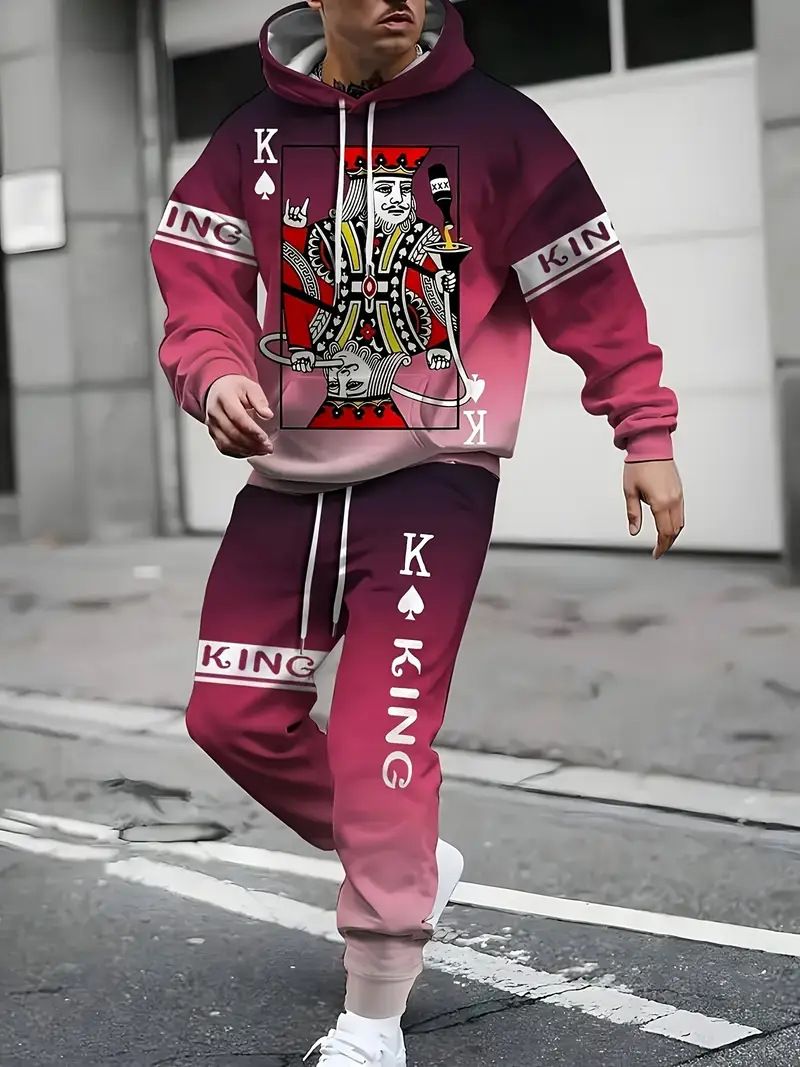 Conjunto de sudadera y jogger con estampado digital 3D de moda: forro polar suave, atuendo informal con temática de póker para hombre y mujer._voghion.com