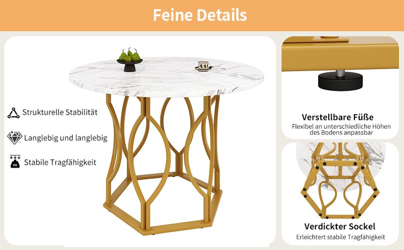 Runder Esstisch 100x76cm Mit Marmorplatte, Goldene Beine_voghion.com