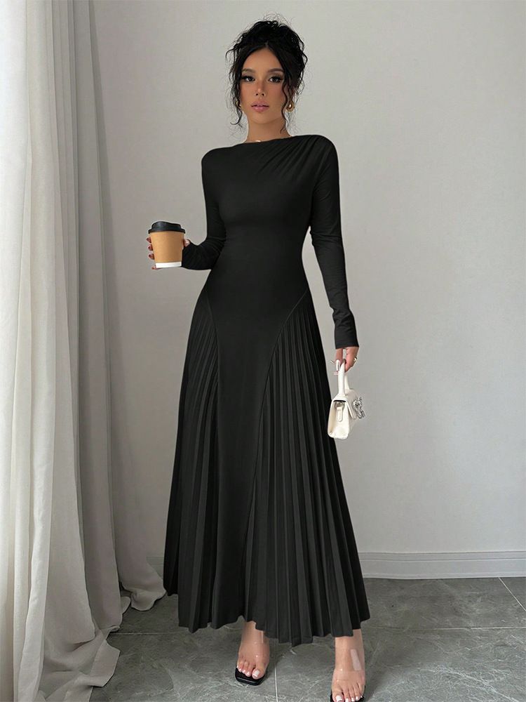 Nuovo abito plissettato a maniche lunghe lavorato a maglia, gonna lunga, elegante, sottile, versatile, alla moda_voghion.com
