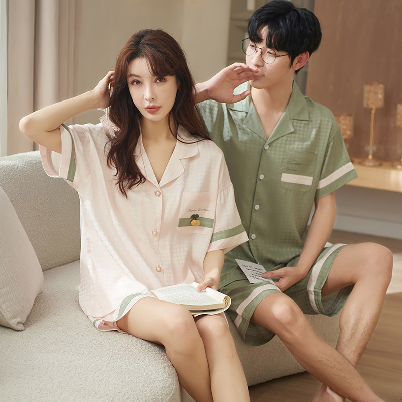 Couple's spring pajamas, loose short sleeved shorts, cardigan, ice silk, houndstooth, summer men's and women's home_voghion.com