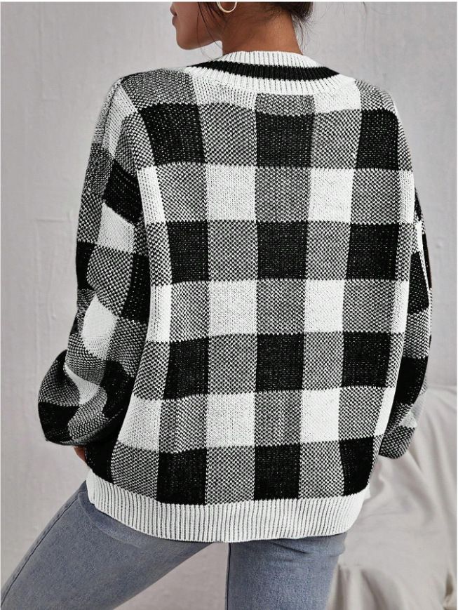 Maglione lavorato a maglia versatile a maniche lunghe con scollo a V, casual e scozzese, per donna, autunno inverno_voghion.com