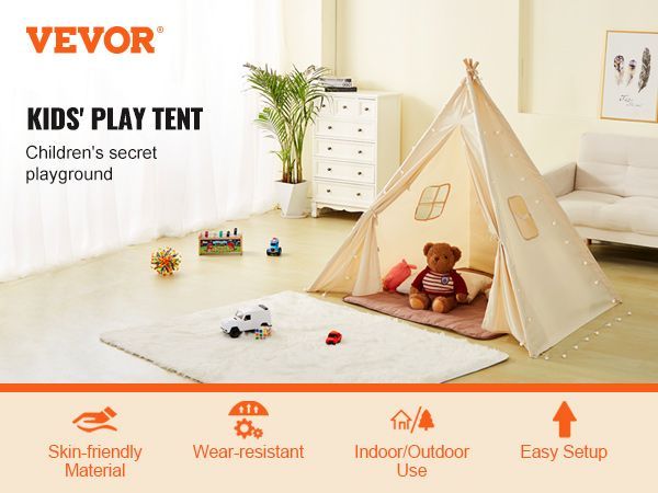 VEVOR Kids Play Tent, Teepee Tent For Kids 1-5 Years Old, Tent For Kids With Windows For Indoor And Outdoor, Toddler Tent With Mat And Plush Decorative Balls, For Boys And Girls, Beige_voghion.com