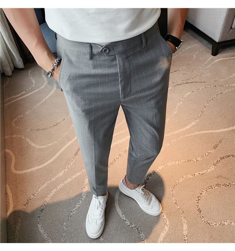 Summer thin men's slim-fitting trousers fashionable striped pants Korean version comfortable micro-elastic small foot_voghion.com