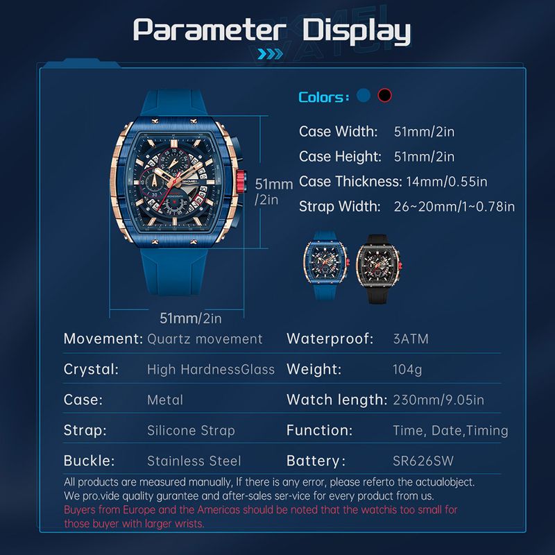 SKMEI New Men's Watch Multi Functional Quartz Movement Rectangular Blue Dial Sports Clock Casual Fashion Silicone Strap Men Watc_voghion.com