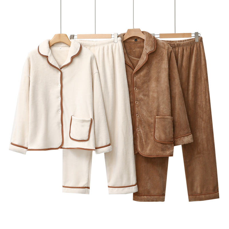 Dametøj kvinder efterår og vinter tyk koral fleece flannel cardigan revers blødt varmt hjemmetøj jakkesæt_voghion.com