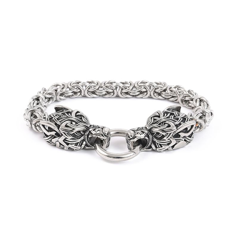 Bracciale Hip Hop da uomo in acciaio inossidabile con testa di lupo vichingo e titanio dorato_voghion.com