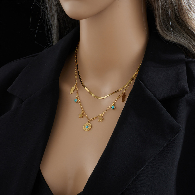 European and American cross-border retro stacking double-layer titanium steel chain blue turquoise round star feather pendant necklace_voghion.com