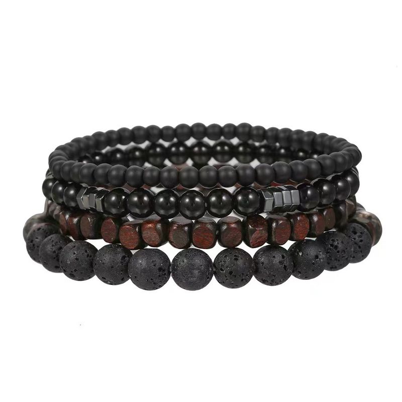 Bracelet élastique en pierre volcanique noire mate avec perles en bois et pierre biliaire, style hip-hop, rouge et vent, pour la main_voghion.com