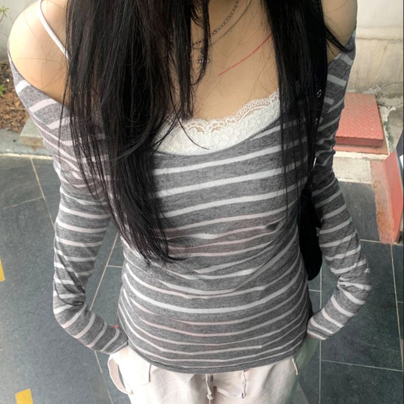 Gestreiftes, schulterfreies Langarm-Oberteil im Lazy Style Niche-Stil, vielseitiges, leichtes Cover-Up-T-Shirt zum Abnehmen_voghion.com