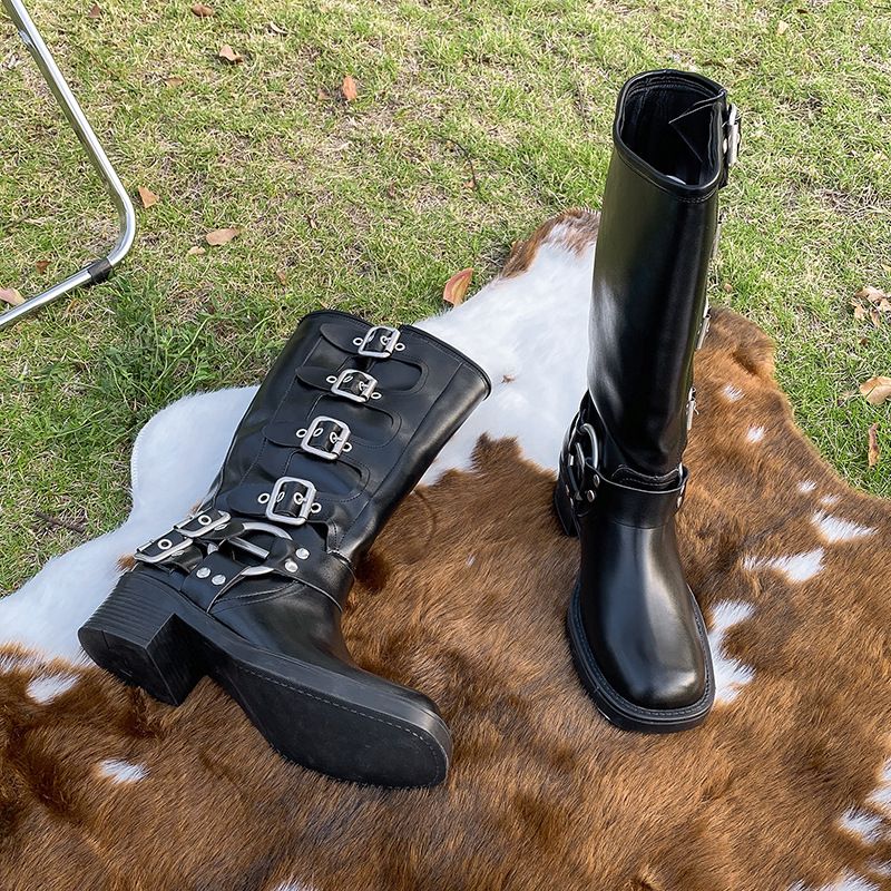 Stivali da equitazione alti fino al ginocchio con tacco spesso e fibbia per cintura - Stivali slip-on con punta arrotondata per inverno, primavera e autunno - Soletta in EVA elegante e comoda_voghion.com