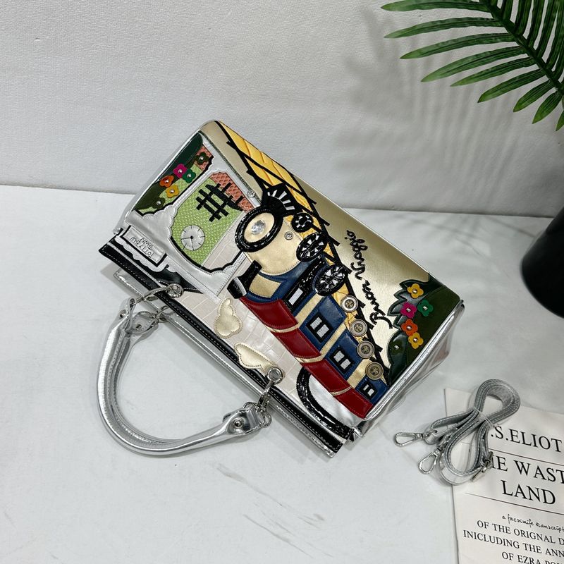 Damentaschen Nähte Kontrastierende Retro-Handtaschen Modische handgemachte kreative Schulter-Umhängetaschen_voghion.com