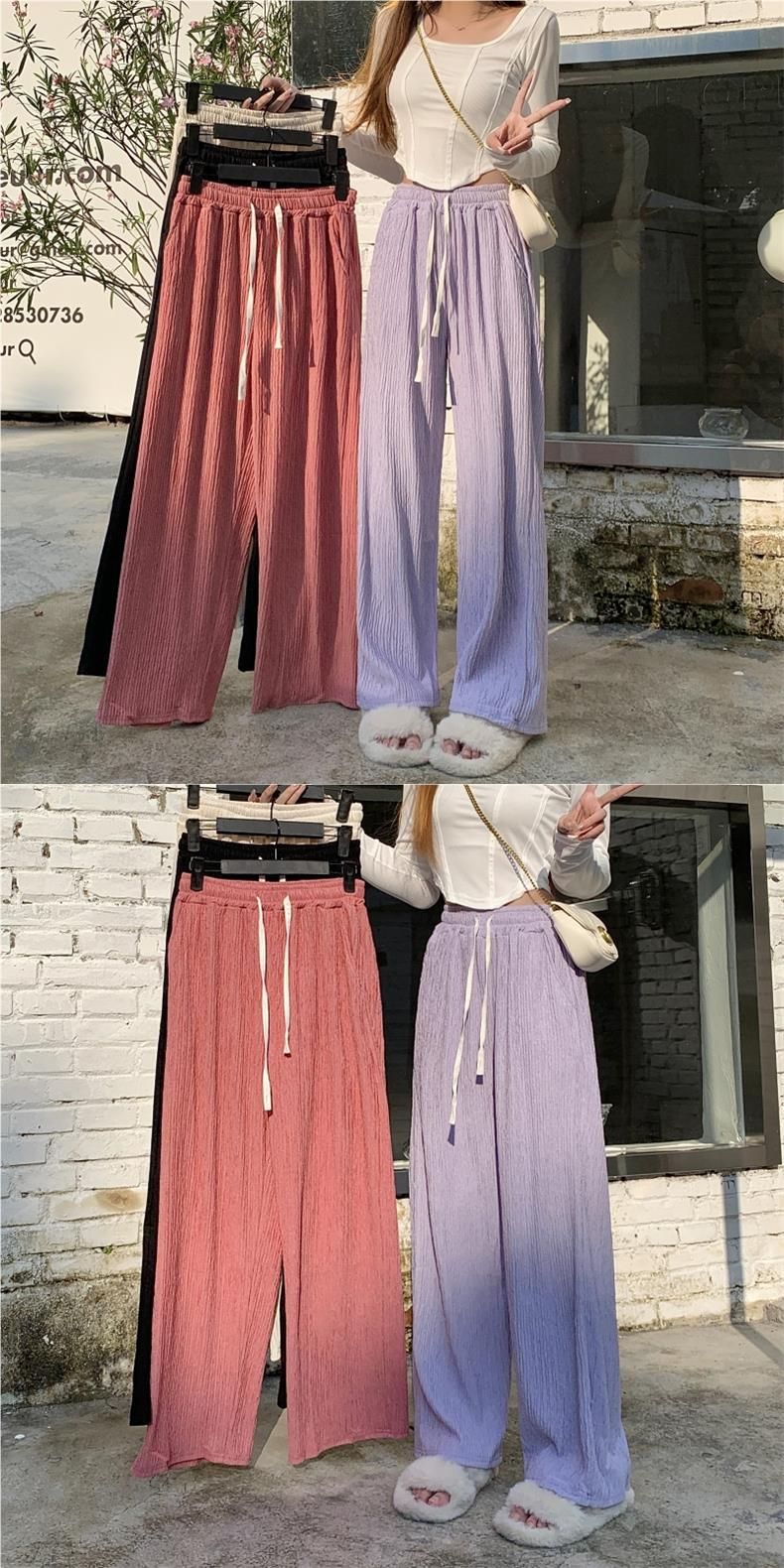 6012 # Pantalon de sol décontracté à taille haute pour femme, texture froissée, jambes larges, automne été_voghion.com