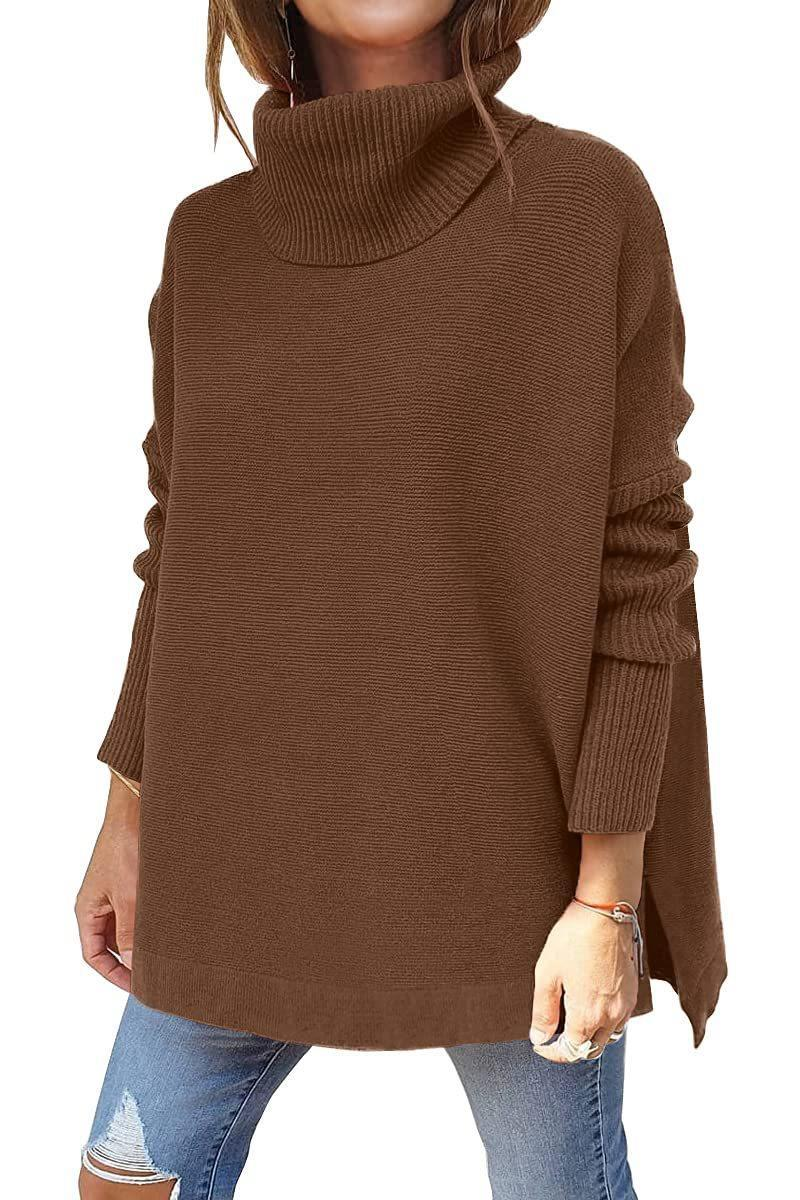 Dametrøje med høj hals, oversized pasform, mellemlang pullover med flagermusærmer, slidskant og bælte_voghion.com