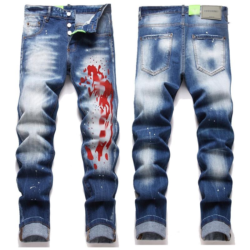 Nowe jeansy DSQ Street Style Slim Fit Stretch Cat Whisker Rhinestone dla mężczyzn_voghion.com
