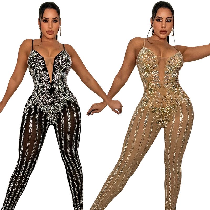 Dameklær Mote Nattklubb Mesh Hot Diamond Perspective Suspender Jumpsuit Dameklær_voghion.com