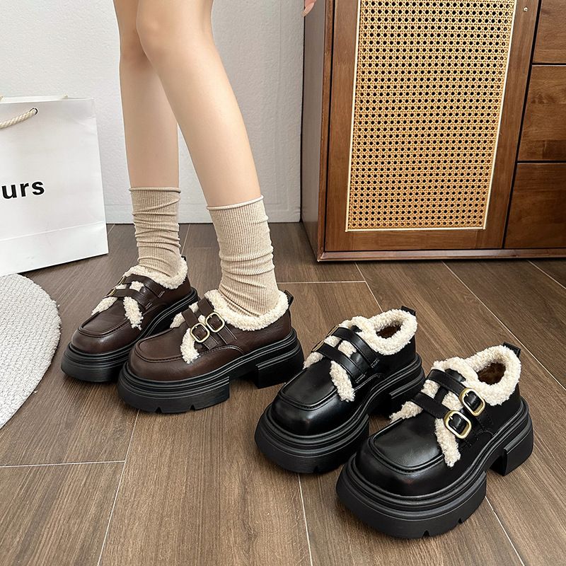 Plush cotton Le Fu Mary Zhen small leather shoes, 2023 autumn winter new item, sponge sole, warm and height increasing_voghion.com
