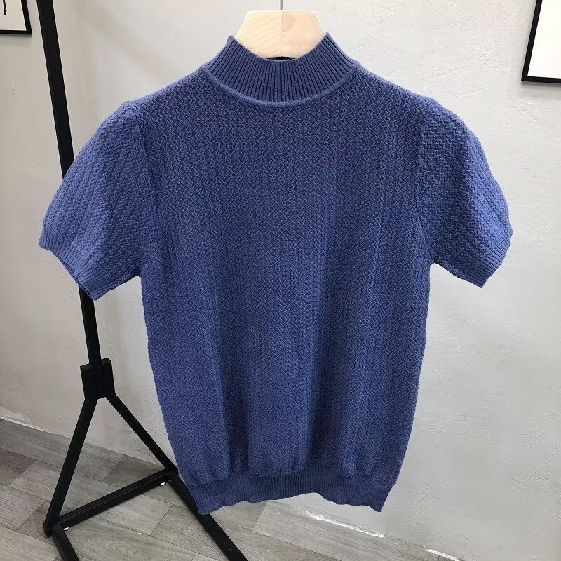 Herrenbekleidung High-End-Neuheiten für Frühling und Sommer, gestricktes kurzärmeliges T-Shirt mit halbhohem Kragen, schmales Innenoberteil, Herrenpullover, Unterhemd_voghion.com
