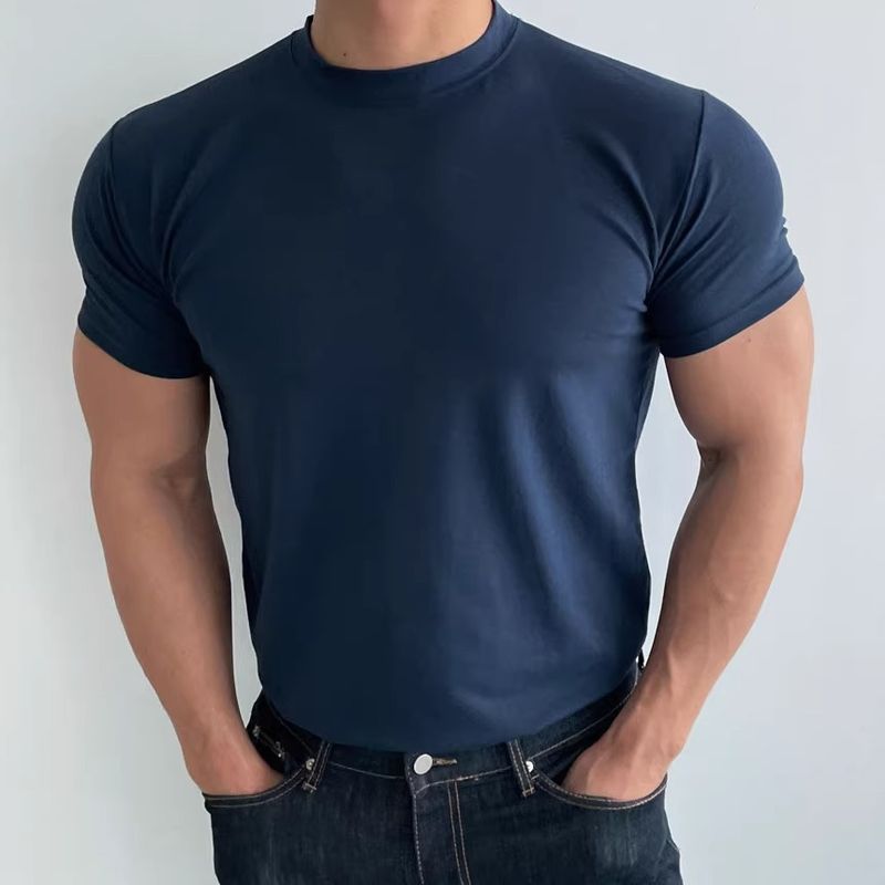 Herrenbekleidung Sommer-T-Shirt mit kleinem Ausschnitt Slim Fit Kurzarm Muskelanzug_voghion.com