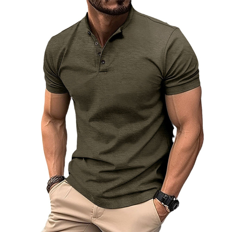 Polo sportiva da uomo con colletto Henley e bottoni, estiva e ad asciugatura rapida_voghion.com