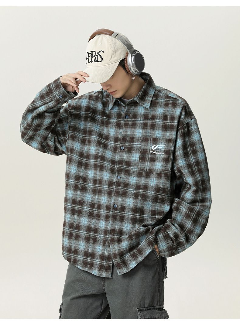 Camicia a quadri vintage – Unisex oversize a quadri, manica lunga, con bottoni (M-XXL, grigio-marrone/blu-marrone)_voghion.com