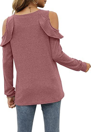 Top oversize da donna in maglia con spalle scoperte e orlo arricciato - Maglione casual in morbido misto cotone per autunno inverno_voghion.com