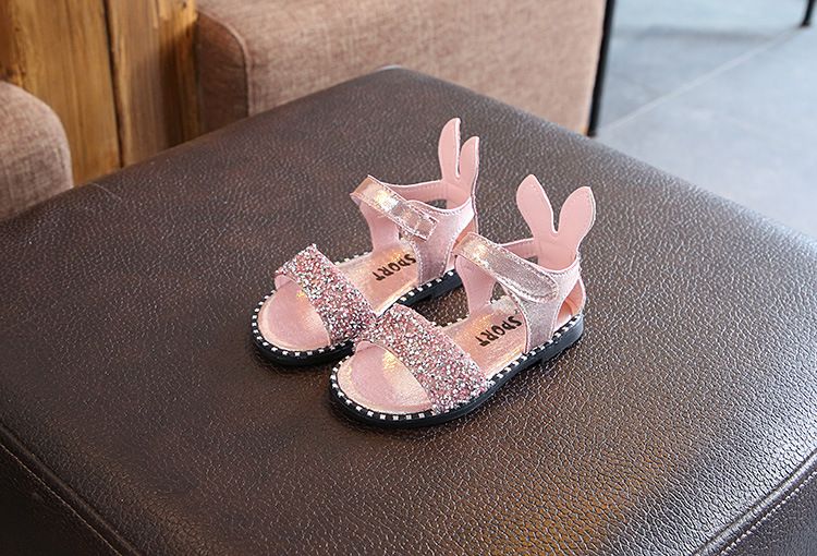 Sandalias con orejas de conejo de verano para niñas de 1 a 12 años, bolso de zapatos romano con diamantes de imitación y lentejuelas, punta expuesta media y grande_voghion.com
