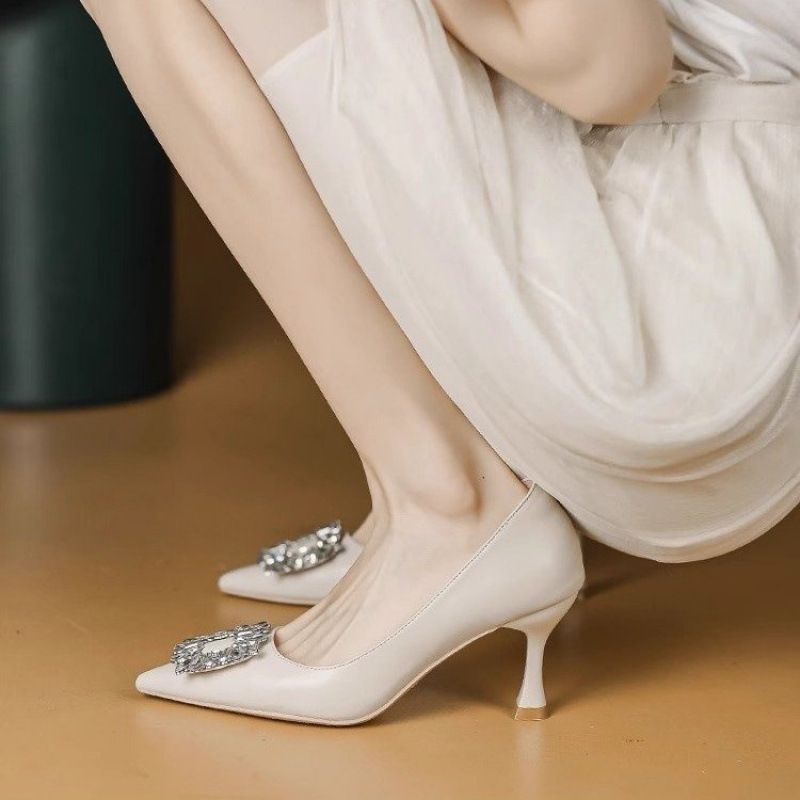High Heels 2025 Pointed French Rhinestone Work Shallow Mouth Slim Follow-up Temperament New Women's Shoes Cat Heel_voghion.com