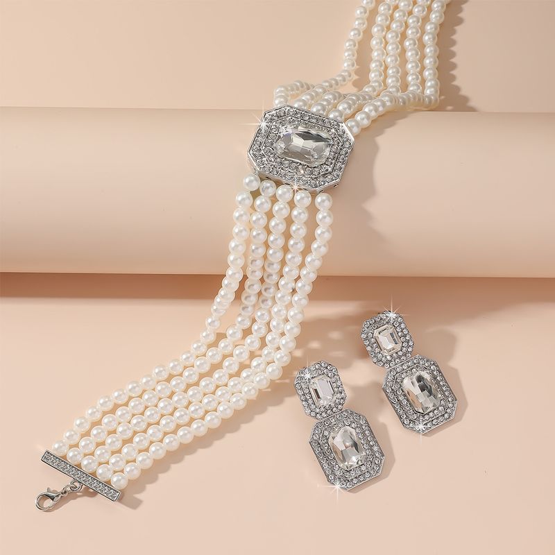 luxury multi layer pearl geometric rectangular crystal necklace earrings colorful necklace fashion exaggerated necklace_voghion.com