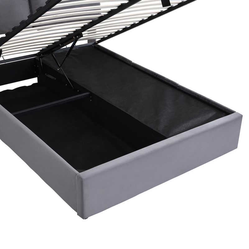 Cadre de lit coffre hydraulique rembourré en velours avec 3 tiroirs, sommier à lattes, tête de lit, 140 x 200 cm, gris, matelas non inclus_voghion.com
