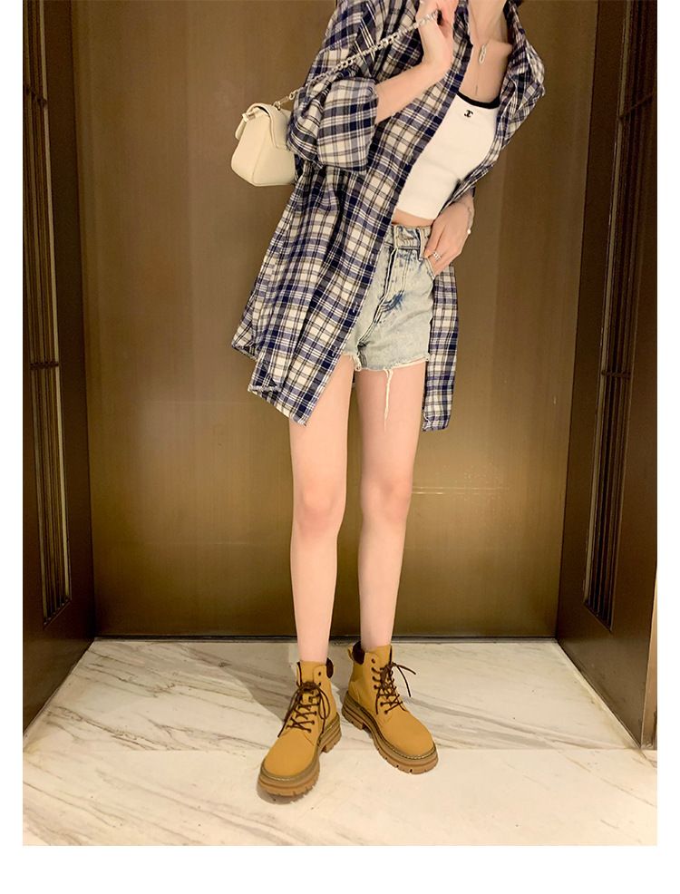 stivali in rabarbaro in pelle di colore puro Stivali Martin per donna nuovi stivali da lavoro alti versatili con suola spessa autunno e inverno stivali da trekking all'aperto_voghion.com