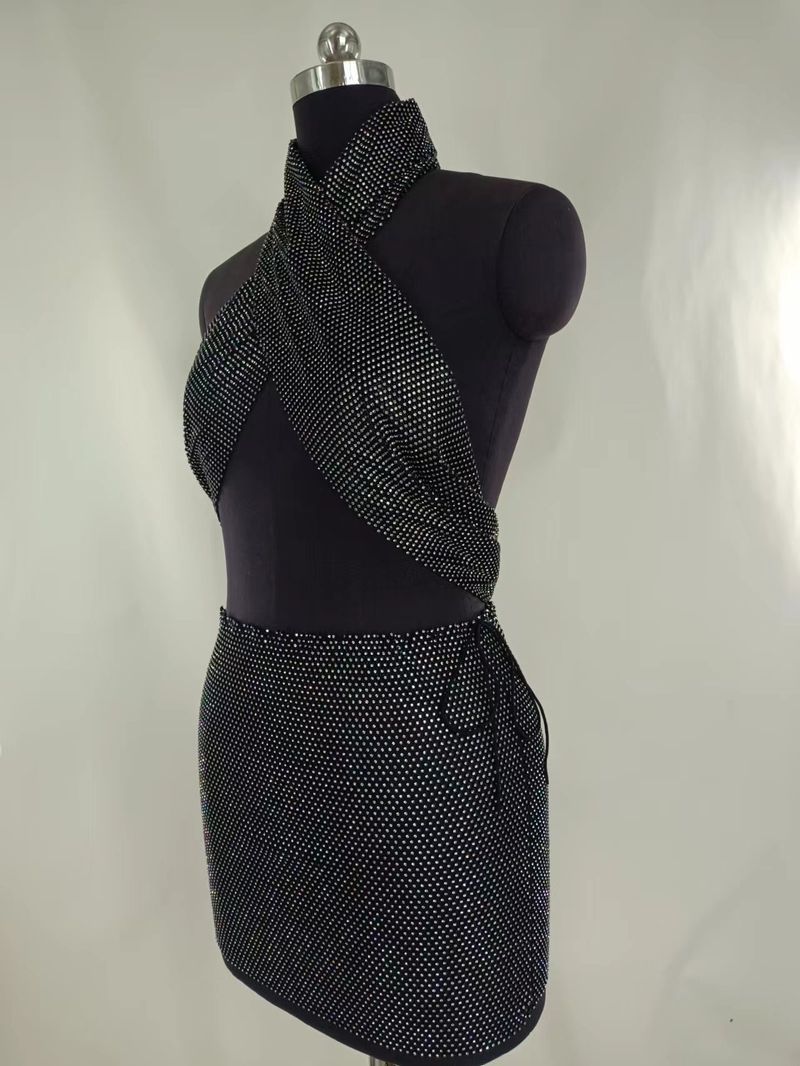 Sexy rhinestone inset diamond cloth hanging neck wrap chest top stitching skirt suit_voghion.com
