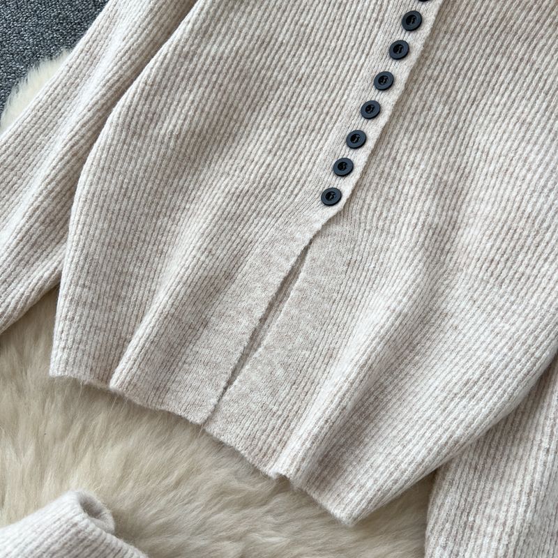 Completo in maglia autunnale in stile coreano: top a maniche lunghe con collo alto e gonna midi svasata (taglia unica, beige/marrone)_voghion.com