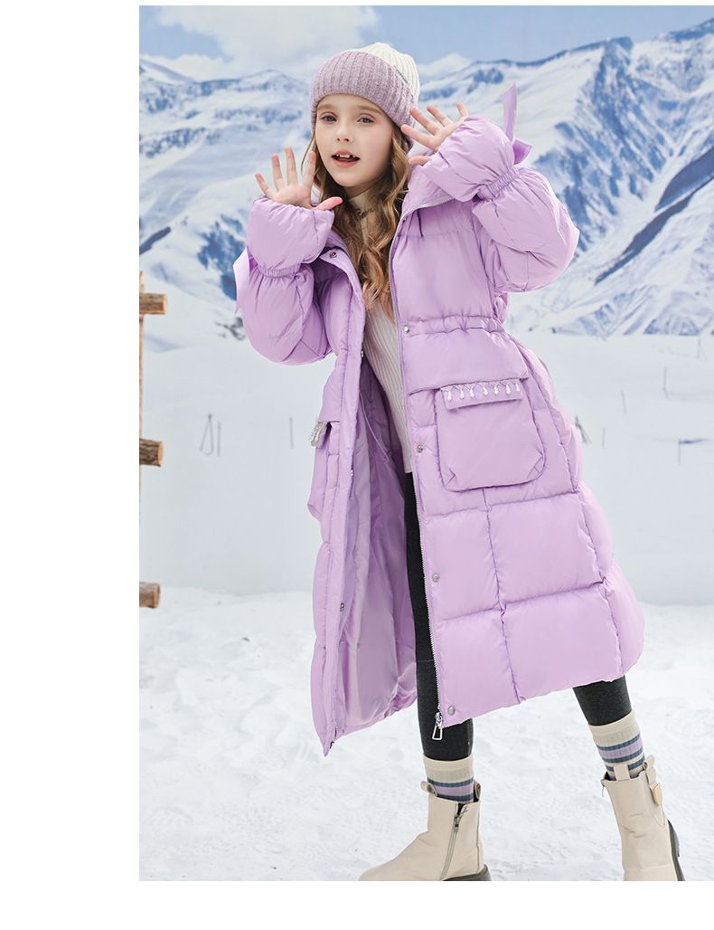 Princess-Style Long Puffer Coat For Girls – Elegant Winter Jacket (Ages 8+, 120-170cm, Black/Purple)_voghion.com