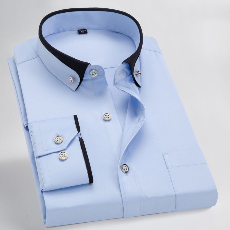 Abbigliamento Uomo Camicia a maniche lunghe non stirabile per uomo, camicia con doppio colletto, casual da lavoro, tinta unita, traspirante, camicia a fondo camicia, abbigliamento formale_voghion.com