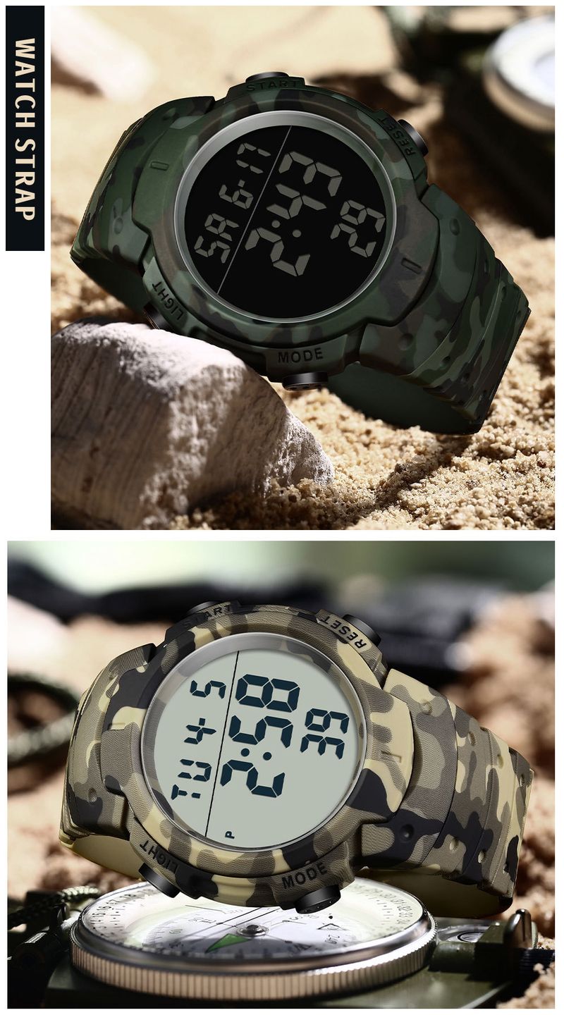 Sport Digital Watch With 50m Waterproof, LED Backlight, Alarm, Stopwatch, Military Camouflage Design For Outdoor Swimming And Daily Wear_voghion.com