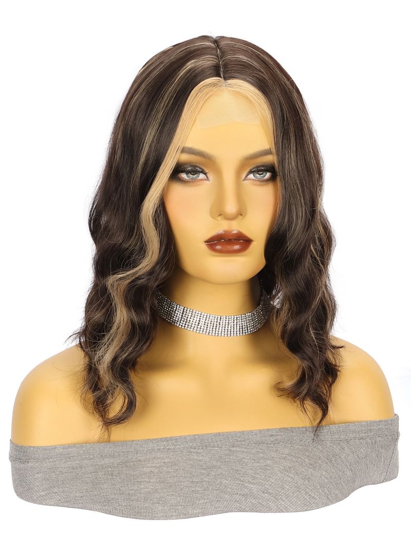 Peruki syntetyczne na klipsy Peruki z małą koronką Peruki syntetyczne Brązowe pasemka Fale wodne Krótkie kręcone włosy_voghion.com