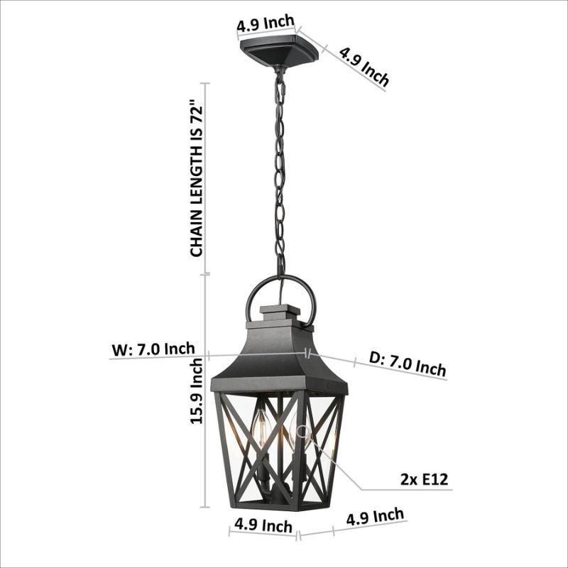Lampadario a sospensione da esterno con gabbia trasparente e nera, da soffitto, a 2 luci, in vetro, per esterni, industriale, sospeso con_voghion.com