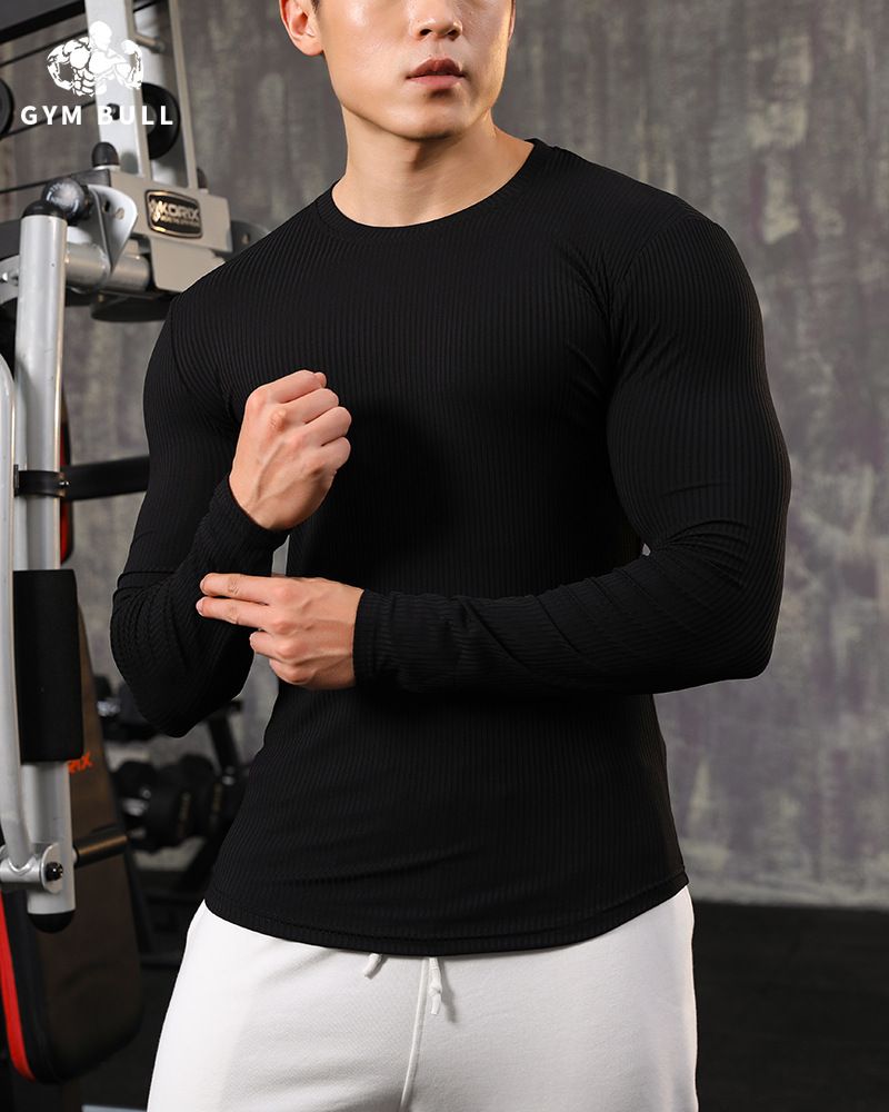GYMBELL T-shirt à manches longues pour homme, tendance, rayé, couleur unie, fitness, basket-ball, course à pied, entraînement, séchage rapide, élastique, sport_voghion.com