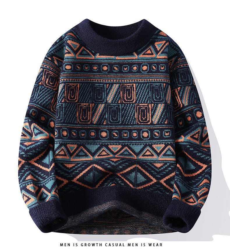 Herrenbekleidung Wintermode Strickpullover Halbrollkragenpullover mit Jacquardmuster, atmungsaktiv und maschinenwaschbar, Weiß/Marineblau/Grün (M-3XL)_voghion.com