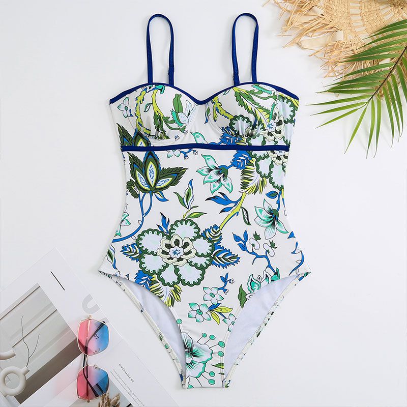 Maillot de bain une pièce pour femme Maillot de bain moulant et rétro imprimé en mousseline de soie avec support en acier et sac rigide_voghion.com