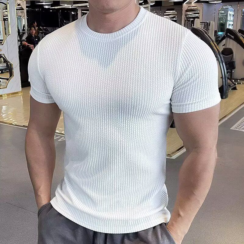 Men's Short-sleeved T-shirt Summer New Slim-fit Business Casual Fashion Versatile High-end Striped Crew Neck Bottoming Shirt_voghion.com