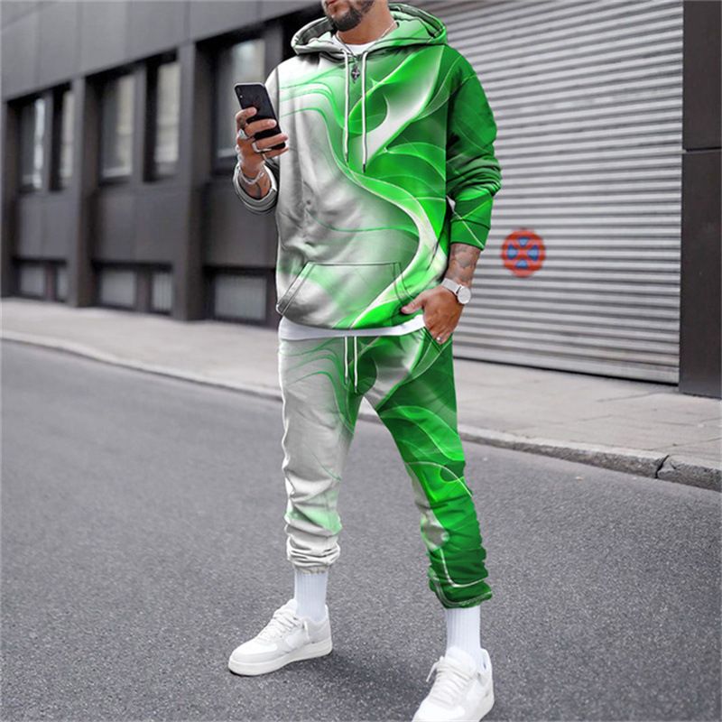 Cross border 2024 foreign trade new men's 3D flame upper and lower color matching print sports sweatshirt suit fitness Europe and America_voghion.com