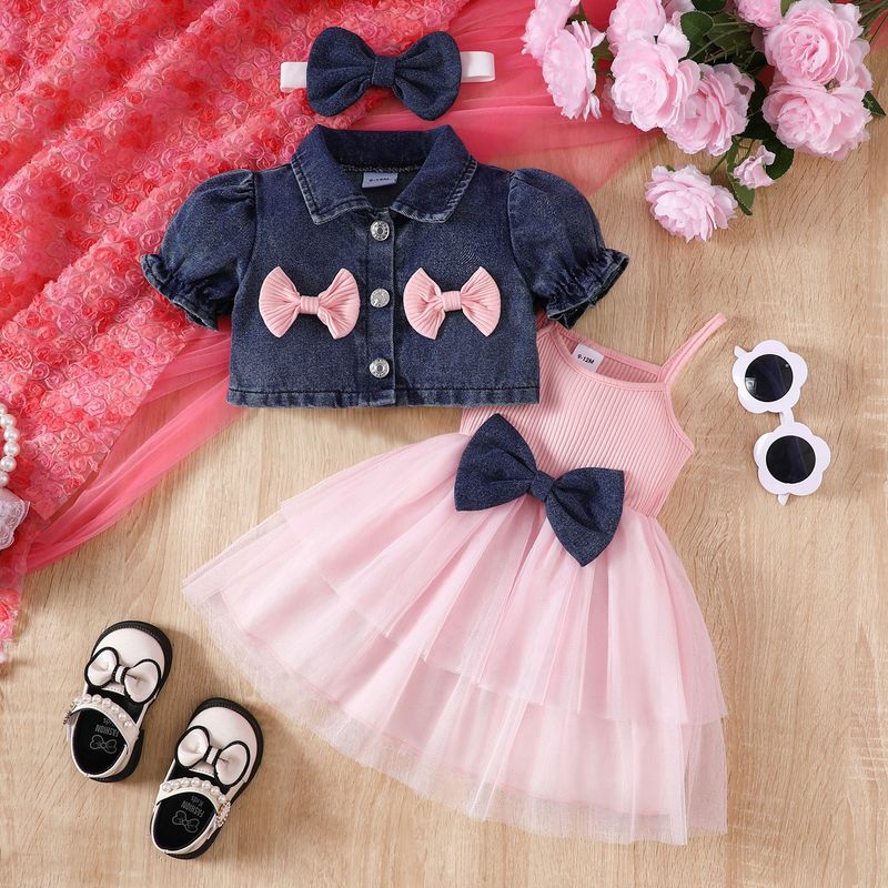 Kannerkleeder Summer Puppelchen Meedchen Kostüm Jeans Kuerzjackett Hosenträger Mesh Tüllrock_voghion.com
