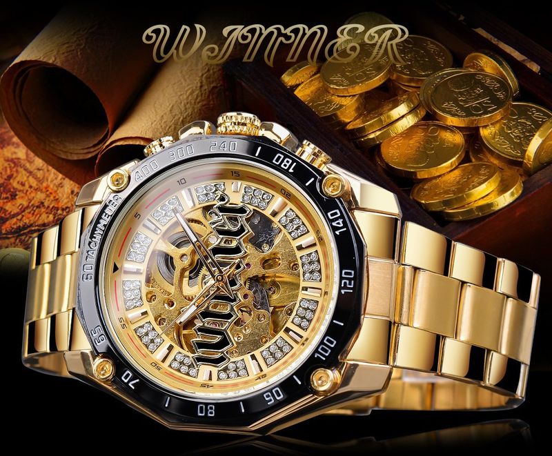 Orologio meccanico automatico scheletrato alla moda da uomo Winner con design cavo, cinturino in acciaio inossidabile, quadrante da 46 mm, movimento meccanico automatico_voghion.com