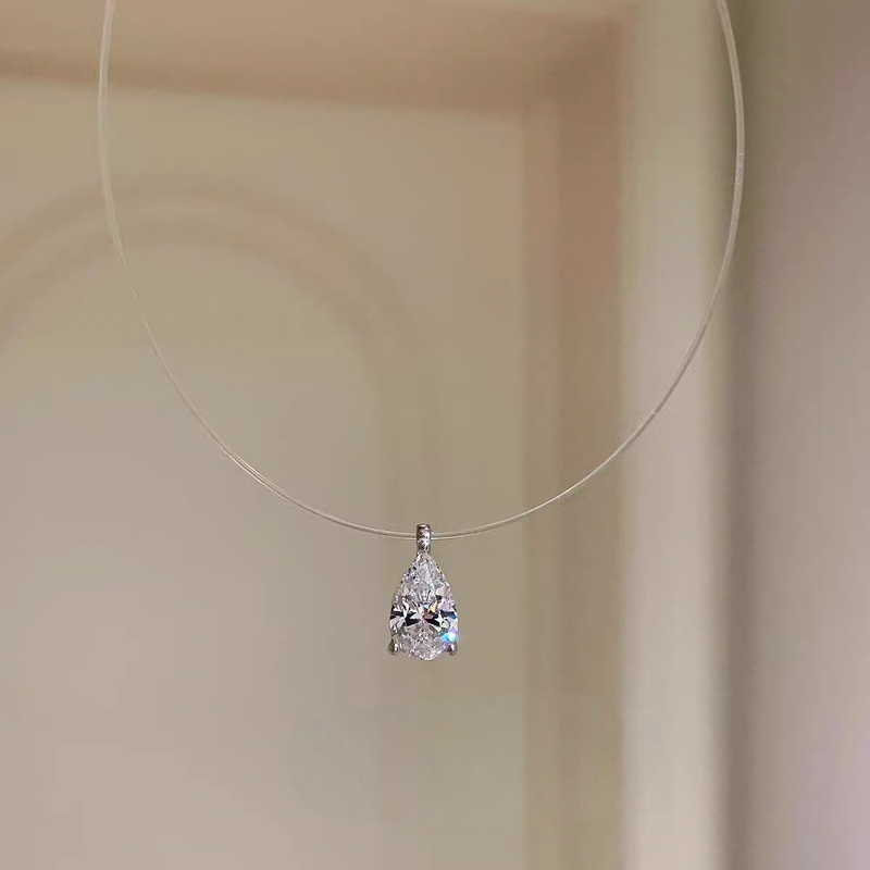 Mermaid's Tears Halskette mit Anhänger aus reinem Silber mit Wassertropfen und Moissanit, unsichtbare Fischleine, ultrafeine Hals- und Schlüsselbeinkette_voghion.com